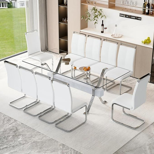 11 Piece Glass Dining Table Set, 79" Modern Dining Table Set for 10, 0.5" Thick Tempered Glass Tabletop with Silver Chrome Metal Legs and Grey Crossbar, 10 PU Chairs for Dining Room, Kitchen