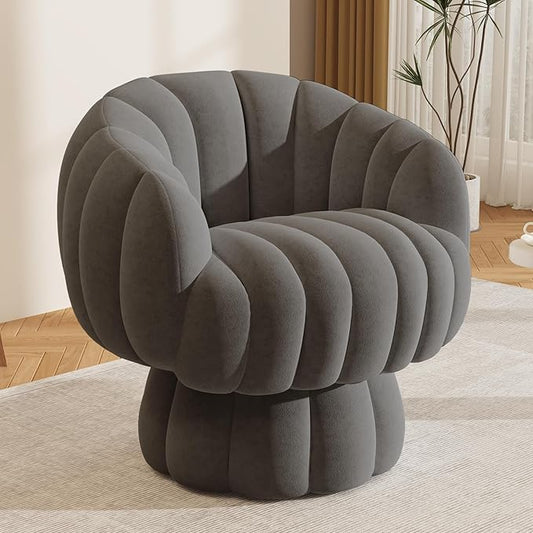Mid Century Modern 360 Degree Barrel Swivel Accent Sofa Chair,Fluffy Velvet Fabric Lounge Wide Upholstered Pumpkin Reading Chair, Round Cloud Armchair for Living Room,Bedroom,Vanity(Gray)