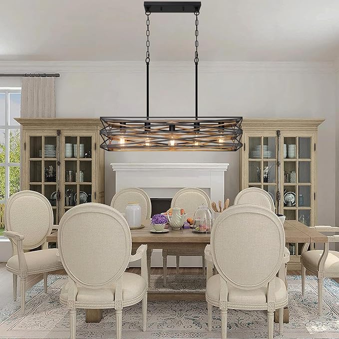 33.5''Farmhouse Dining Room Light Fixture,5-Light Kitchen Island Lighting,Industrial Chandelier for Dining Room Over Table Kitchen,Large Linear Chandelier with Retro Wood Texture Interior