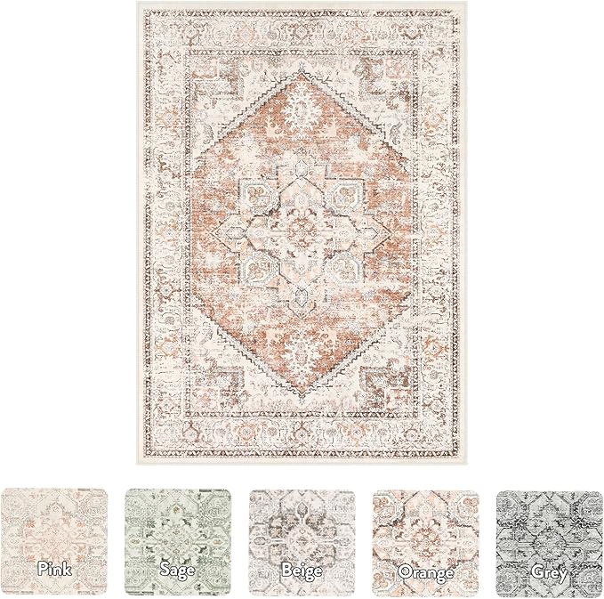 LIVEBOX 8x10 Area Rug for Living Room, Washable Orange Boho Rug, Soft Non-Slip, Low-Pile Vintage Medallion, Retro Faux Wool for Dining Room, Bedroom, Office