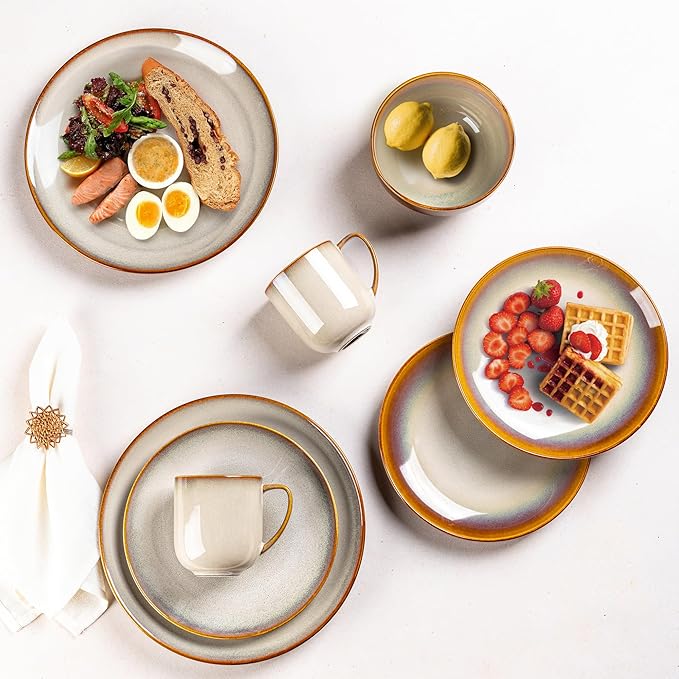 LERATIO Ceramic Dinnerware Sets for 4,16-Piece Reactive Glaze Plates and Bowls Set with Mugs,Highly Chip and Crack Resistant | Dishwasher,Microwave & Oven Safe Dishes set-Kahki