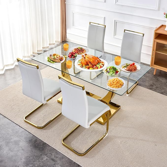 63” Glass Dining Table Set for 4,Gold Dining Room Table Set for 4,Modern Kitchen Table and PU Leather Chairs for 4, Dinner Table with Rectangle Tempered Glass Top and Golden Base