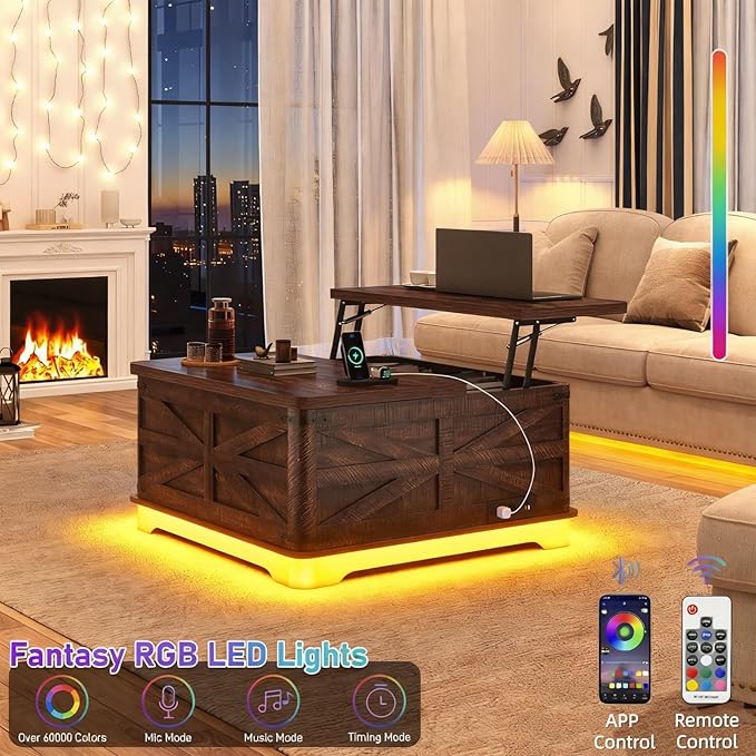 36" Farmhouse LED Lift Top Coffee Table with Storage and Power Outlets, Square Wood Living Room Tables with LED Lights & Large Hidden Space, Lift Wooden Barn Door Center Table, Brown