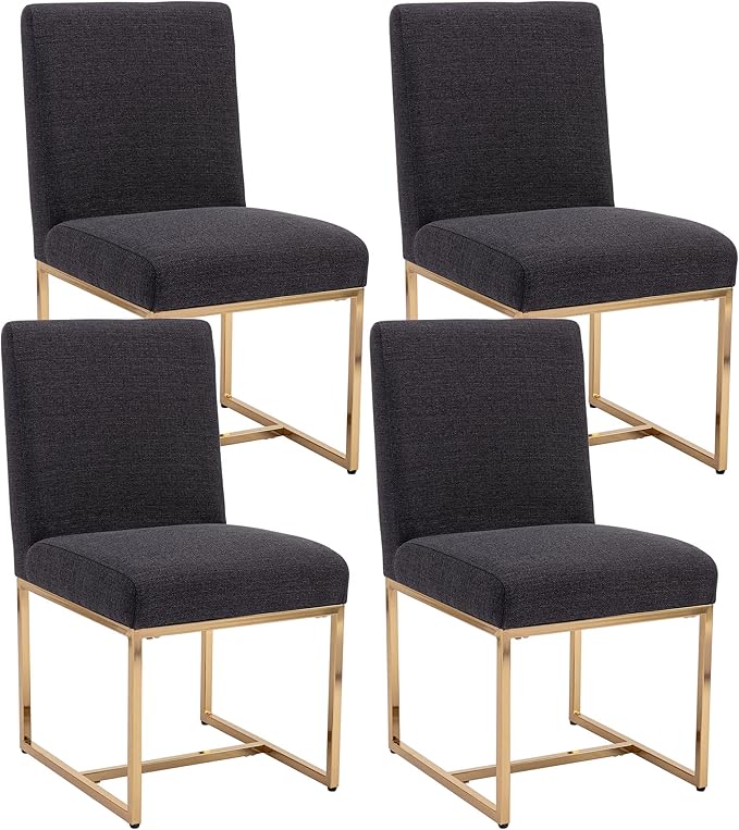 VESCASA Linen Upholstered Dining Chairs Set of 4, Mid Century Modern Padded Chair with Gold Metal Frame for Restaurant, Dining Room, Kitchen, Charcoal