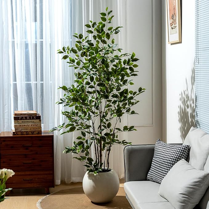 Artificial Ficus Tree Indoor 6ft, Large Potted Faux Tree with Realistic Silk Leaves & Trunk for Home Office, Living Room Corner Decor