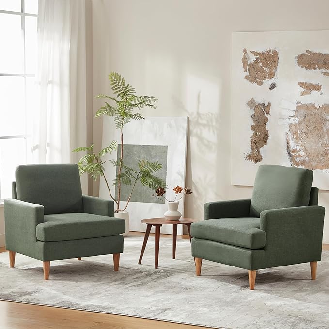 VKNOW Mid-Century Accent Chair, Modern Upholstered Armchair for Living Room,Comfy Reading Accent Chairs with Wood Legs for Bedroom, Green Polyester
