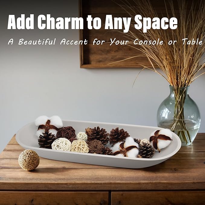 Large Decorative Bowl for Home Decor - Long Dough Bowls with Anti Slip Base for Table Centerpieces - Grey Minimalist Design Dough Decor Bowl for Coffee Table, Dining Table Centerpiece