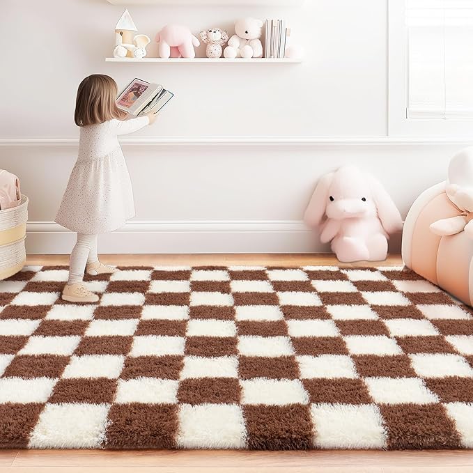 Checkered Rug for Living Room 6x9, Ultra Fluffy Fuzzy Shag Large Area Rug for Bedroom, Modern Plush Soft Upgrade Non-Slip Carpet for Kids Girls and Boys Room Dorm Home Decor, Cream and Coffee