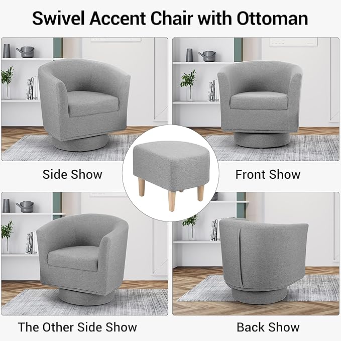 DAZONE Swivel Accent Chair, Modern Barrel Chair with Ottoman, Comfortable Living Room Chairs Upholstered Armchairs 360 Degree Swivel Round Club Tub Armchair for Bedroom Reading Room, Grey