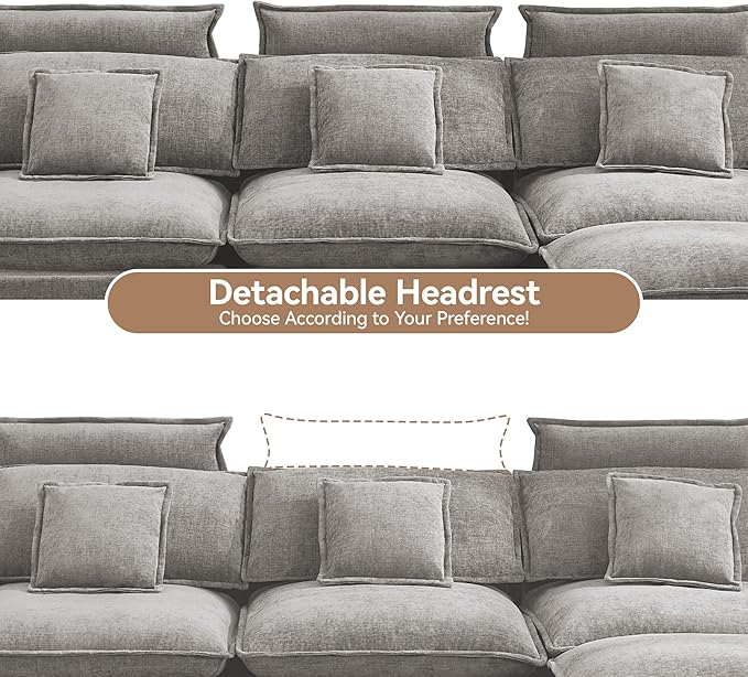 103'' Cloud Modern 3 Seater Couch with Detachable Headrest, Modular Sectional Sofa with Ottoman, Oversized L Shape Chenille Comfy Sofa with Armrests for Living Room, Light Grey