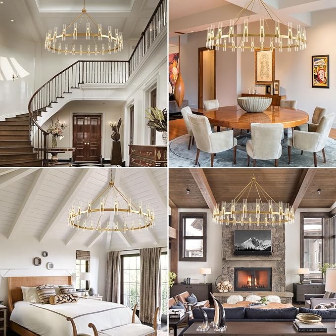 Gold Wagon Wheel Chandelier, 70 Inch Glass Chandeliers, 24 Light Chandelier for High Ceiling, Modern Farmhouse Chandeliers for Living Room, Dining Room, Entryway, Stairwell(Bulbs Included)