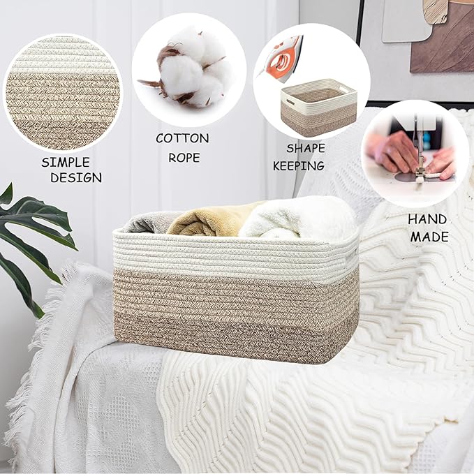 COMFY-HOMI 2 pcs Large Storage Baskets for Shelves, Laundry Basket, Woven Rope Basket, Closet Organizer Bins for Clothes Blanket Towels, Baby Nursery, Gift Toy Baskets, 17” x 13” x 7.5”-White/3 Brown