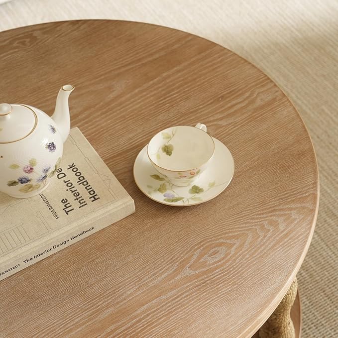 Round Coffee Table,2-Tier Coffee Table Storage,Rope-Wrapped Wood Legs,Rustic Farmhouse Accent Table for Living Room,Natural Wood Finish,Honey Brown,31.9"x15"