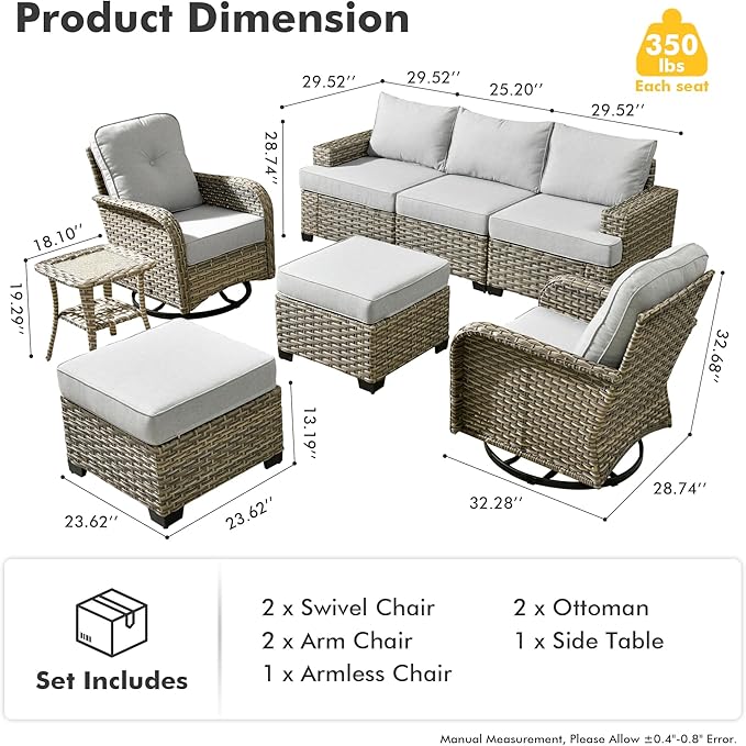 HOOOWOOO Outdoor Sectional Patio Furniture Set,8 Pieces Wicker Conversation Sets,Extra Deep Out Door Sofa Outside Furniture Couch with Swivel Chairs Ottoman,Denim Blue