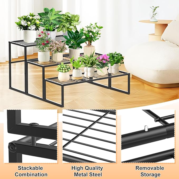 3 Tier Metal Plant Stand Indoor Outdoor, Potted Multiple Flower Pot Holder Rack Plant Shelf, Heavy Duty Planter Display Shelving for Patio Balcony Garden Living Room Decorative (3 Tier- Black)