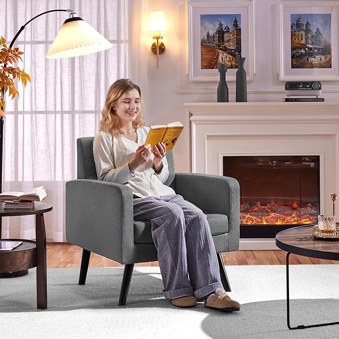 Yaheetech Modern Living Room Chair, Mid-Century Armchair Button Tufted Back and Wood Legs, Vintage Lounge Chair for Bedroom/Home Office/Study, Gray