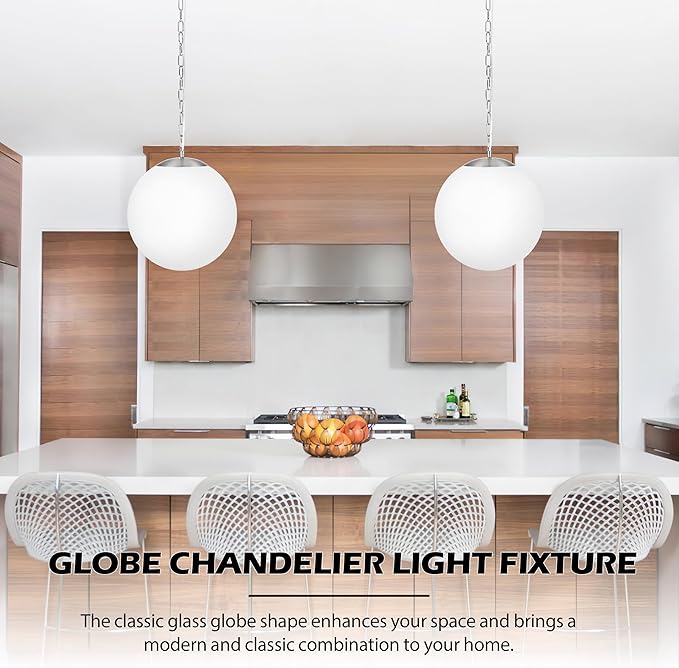 KoKo&Yukina 13.7 Inch Nickel Globe Pendant Light Adjustable Globe Pendant Lights Kitchen Island Mid Century Light Fixture with Milky White Glass Shade for Living Room