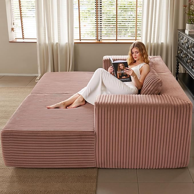 82" Oversized Chaise Lounge Chair, Corduroy Upholstered Sleeper Sofa with 4 Throw Pillows and Wide Armrest for Living Room, No Assembly Required Loveseat Couch, Pink