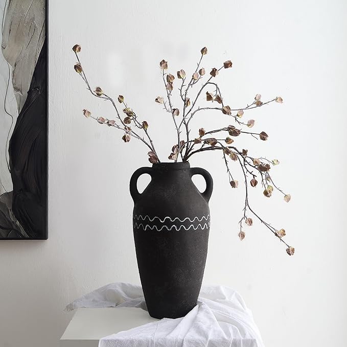 Large Black Ceramic Vase, 14.5" H Farmhouse Rustic Decorative Vase Table Centerpiece, Pottery Terracotta Tall Vases Living Room Bathroom Weddings Decorations