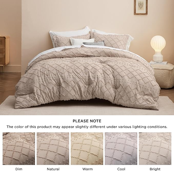 Bedsure Twin Comforter Set - Warm Tan Comforter, Boho Tufted Shabby Chic Bedding for Kids, 2 Pieces Vintage Farmhouse Bed Set for All Seasons, Fluffy Soft Bedding with 1 Pillow Sham