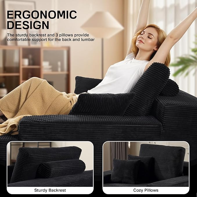 Chaise Lounge Chair Indoor, 67" Oversized Comfy Corduroy Sleeper Sofa Bed, Boneless Upholstered Recliner Bed with Pillows and Wide Armrests, Modern Cloud Couch for Living Room, Black