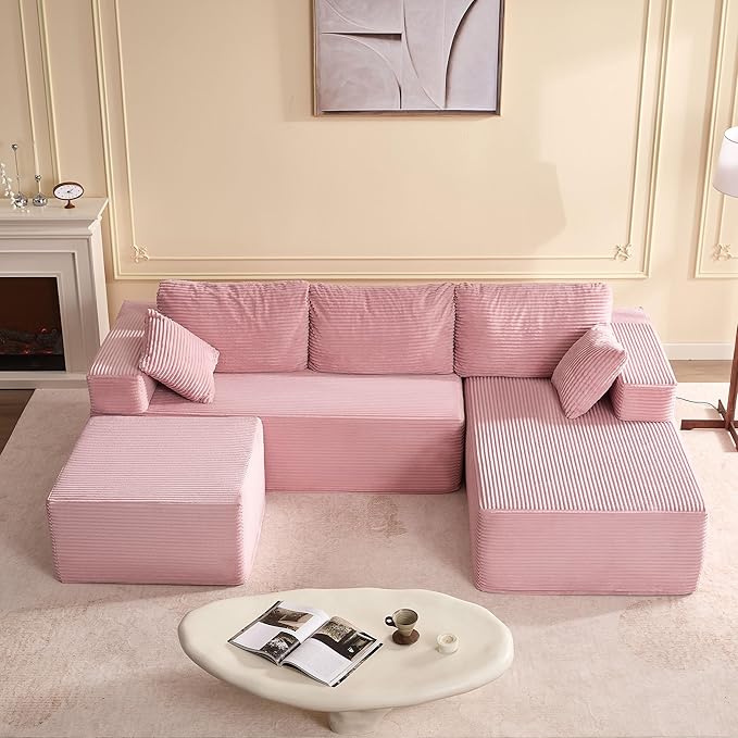 107" Boneless Couch with Deep Seat, Modular Sectional Sofa, Cloud Sectional Couch for Living Room, No Assembly Required, Corduroy, U-Shape 3 Seater Right, Pink