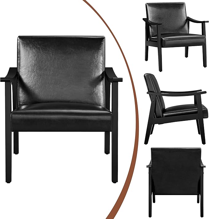 Yaheetech PU Leather Accent Chair, Mid-Century Modern Armchair with Solid Wood Legs, Reading Leisure Chair with High Back for Living Room Bedroom Waiting Room, 2 Pieces, Black