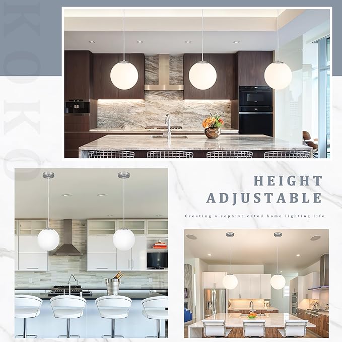 KoKo&Yukina 10 Inch Pendant Light Nickel Globe Pendant Lights Kitchen Island Mid Century Light Fixture Adjustable Globe Cluster Lights with Milky White Glass Shade for Dining Room Living Room