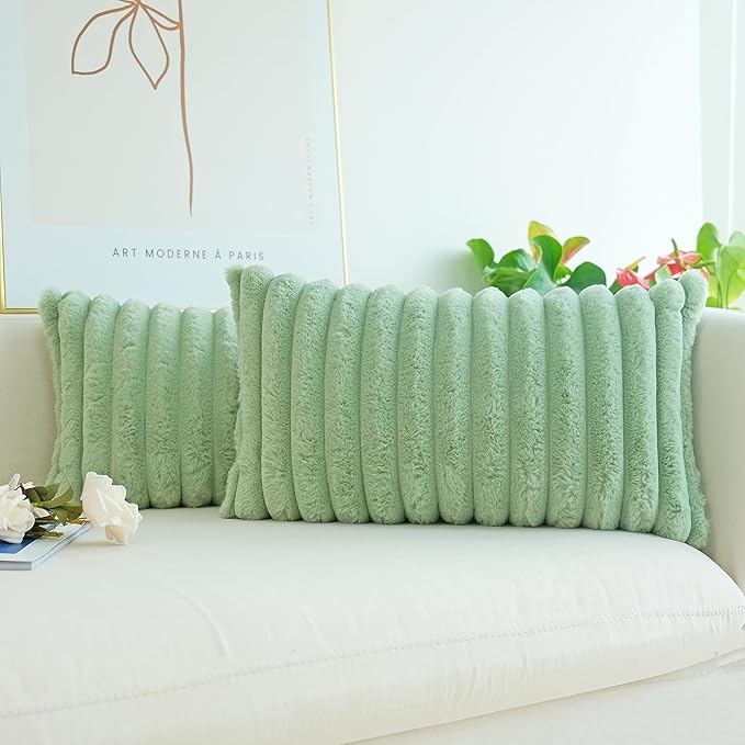 JOJUSIS Pack of 2 Faux Fur Plush Decorative Throw Pillow Covers Couch Cushion Case Soft Pillowcases (Sage Green, 12 x 20-Inch)