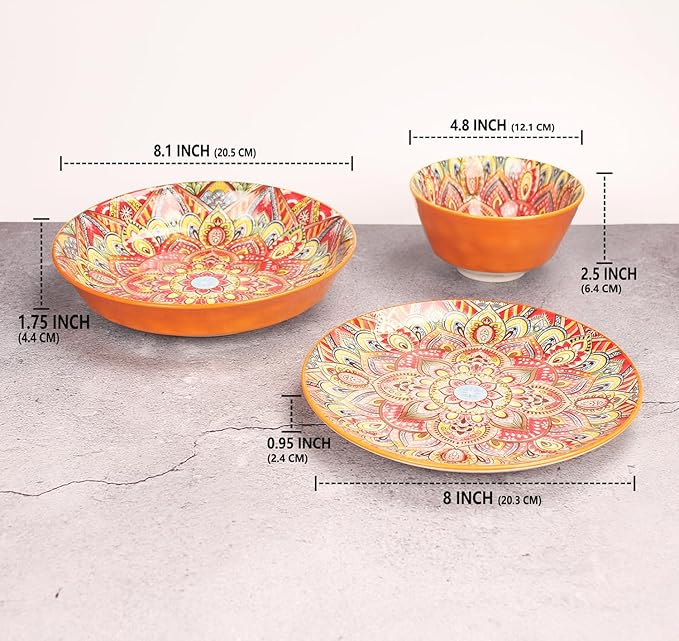 YA JU Mandala Dinnerware Sets (12 Pcs) Serves 4, Buffet Dinnerware, Boho Plates and Bowls Dish Set with 8" salad Plate 8" Dessert Plate 4.8" bowl, apply Casual dining Indoor Outdoor Dining Party