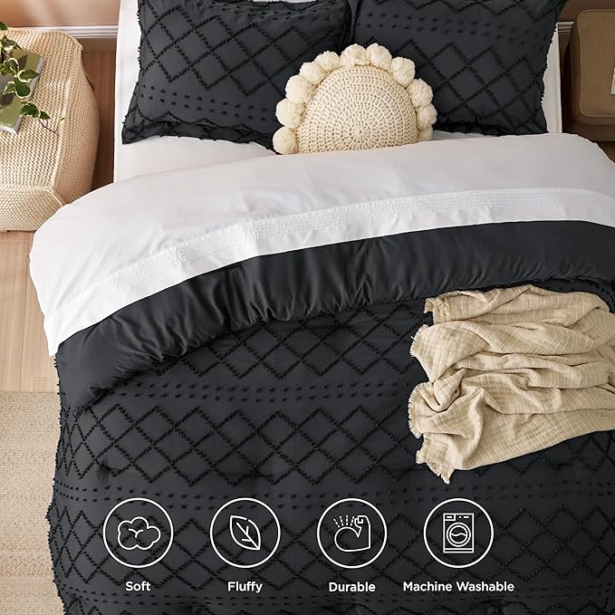Bedsure King Comforter Set - Black Comforter, Boho Tufted Shabby Chic Bedding for Kids, 3 Pieces Vintage Farmhouse Bed Set for All Seasons, Fluffy Soft Bedding with 2 Pillow Shams
