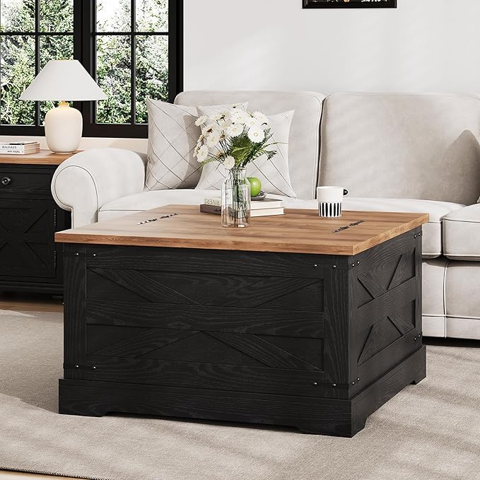 Farmhouse Coffee Table with Hidden Storage, Black Square Coffee Table for Living Room, Wood Large Center Table with Hinged Lift Top for Home, Office