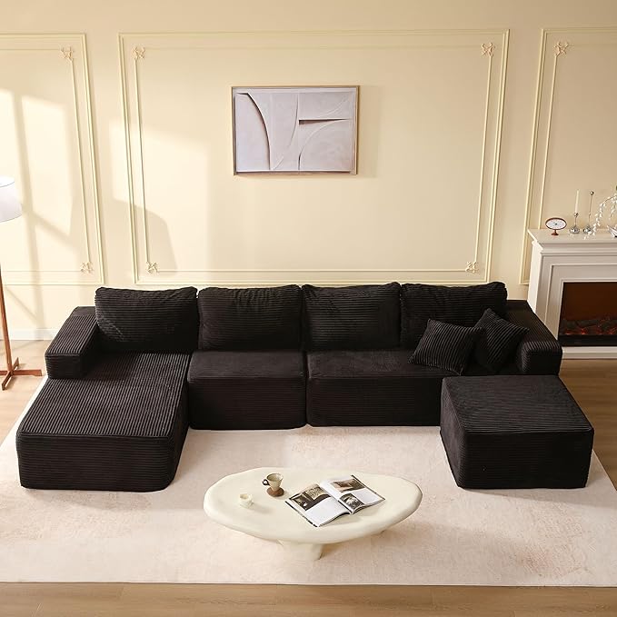 138" Boneless Couch with Deep Seat, Modular Sectional Sofa, Cloud Sectional Couch for Living Room, No Assembly Required, Corduroy, U-Shape 4 Seater Left, Black