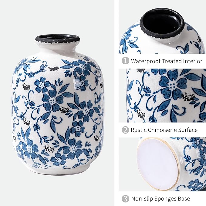 Blue and White Vintage Vase, Ceramic Chinoiserie Floral Vases, Round Farmhouse Rustic Large Flower Vase for Home Decor, Living Room, Office, Bookshelf, Grand Millennial Chinoiserie Decor 7.7 Inch