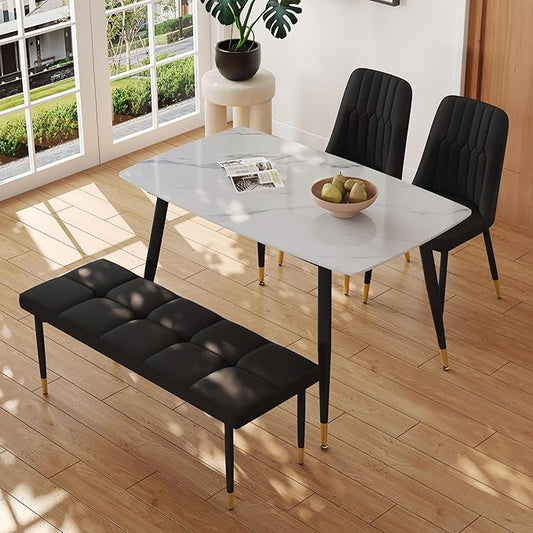 White Marble Dining Table Set for 4 with Chairs and Bench Modern Kitchen Table 2 Upholstered Chairs and Bench 4 Pcs Dining Table Set for Small Space Apartment