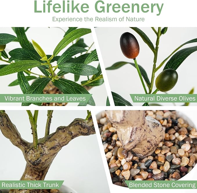Fake Olive Plants 2FT, Artificial Small Olive Tree Indoor, Faux Potted Plants Decor for Tabletop, Desk, Shelf, Office, Kitchen, Living Room, Bedroom, Bathroom