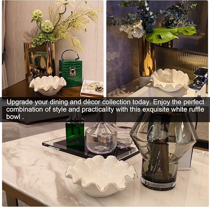 Small White Lotus Ceramic Decorative Bowl,Ruffle Lotus Leaf Decor Bowl with Gold Trim for Coffee Table Counter,Beautifully Catch All Bowl for Keys Coins near Entryways,Capacity about 2 Cups
