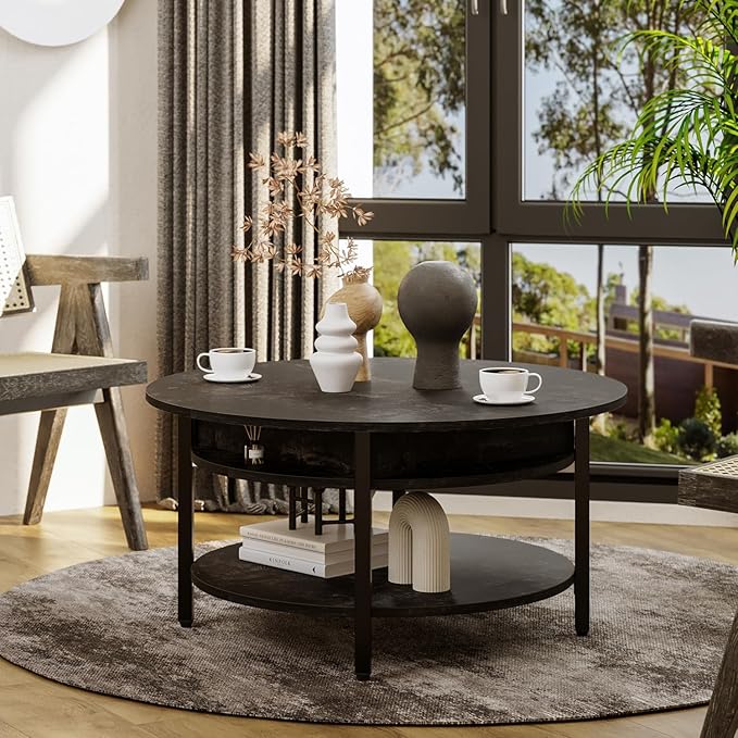 FABATO Round Lift Top Coffee Table with Storage and Hidden Compartment, 26.77'' Farmhouse Coffee Table for Living Room Reception Room, 2 Tier Small Round Coffee Table Circle Dining Table, Black Oak