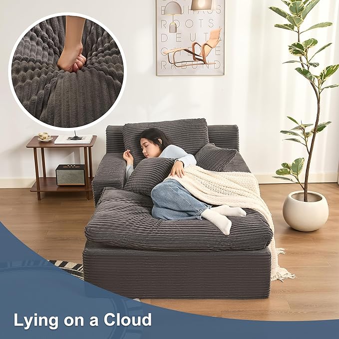 63" Oversized Chaise Lounge Chair Indoor, Extra Cloud Layer, Convertible Sleeper Sofa Couch with Removable Pillows & Side Pockets, Corduroy Upholstered Sofa Bed with Armrests for Living Room, Grey