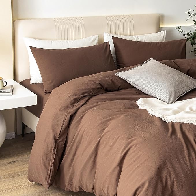 JIYUAN 100% Washed Cotton Duvet Cover Set 3 Pieces Oversized King, 1 Duvet Cover 120x98 Inches(Comforter Not Included) and 2 Pillowcases,Linen Feel Bedding Set Comfy and Breathable,Chocolate Brown