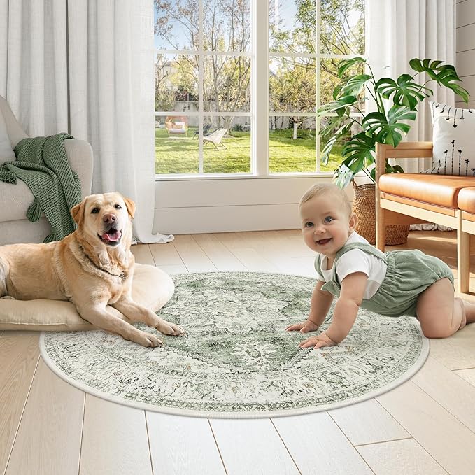 LIVEBOX Sage Green Round Rug 4ft, Vintage Tribal Circle Rugs for Entryway Foyer, Low-Pile Oriental Retro Rugs for Living Room, Stain Resistant Medallion Circular Rug for Bedroom