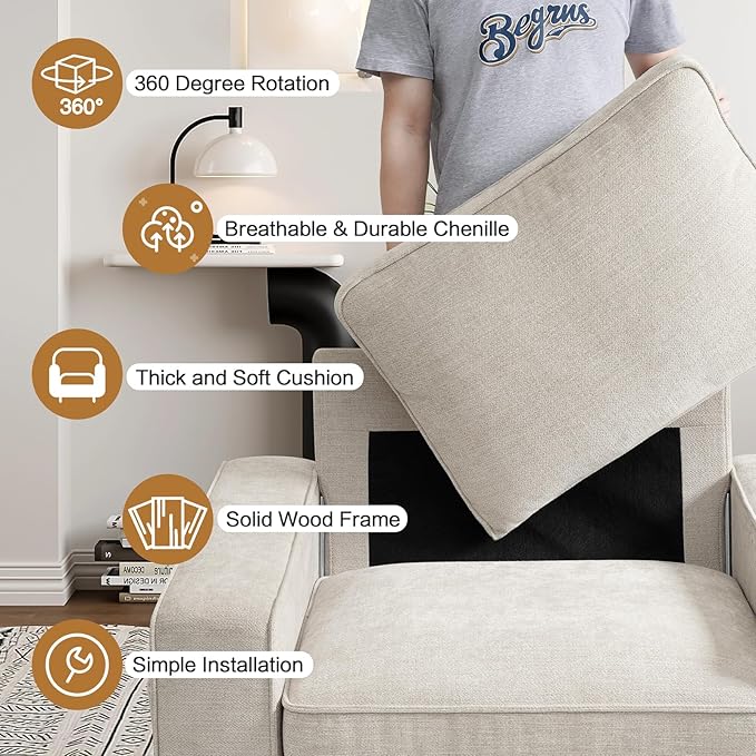 Swivel Accent Chair for Living Room Comfy Single Sofa Chair Soft&Breathable Padding with Extra Wide Armrests Washable Detachable Cover (Beige)
