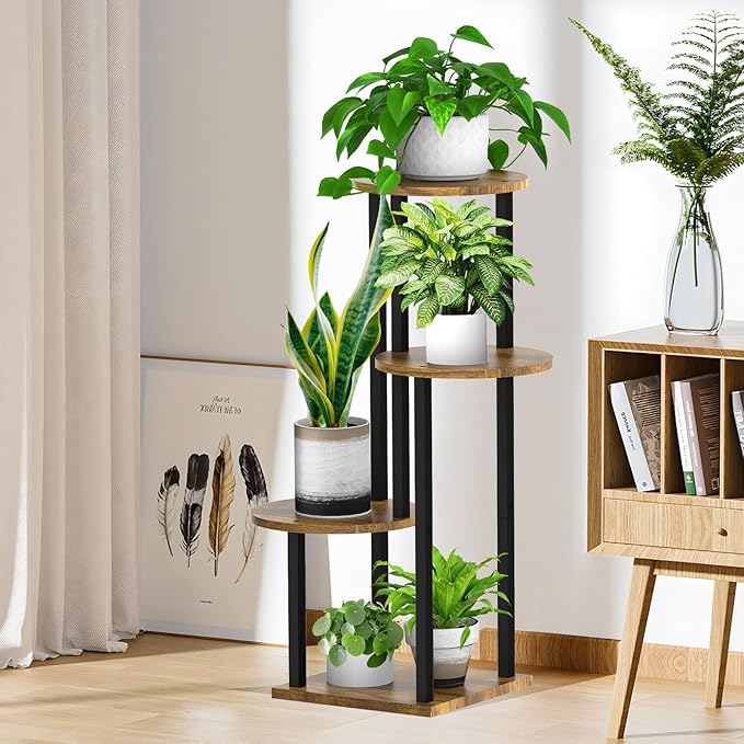 4 Tier Wood Tall Plant Stand Metal Rack Indoor, Multiple Flower Pot Holder Shelves Corner Rack, Round Planter Shelf Display Rack Storage Organizer for Patio Living Room Balcony(Black)