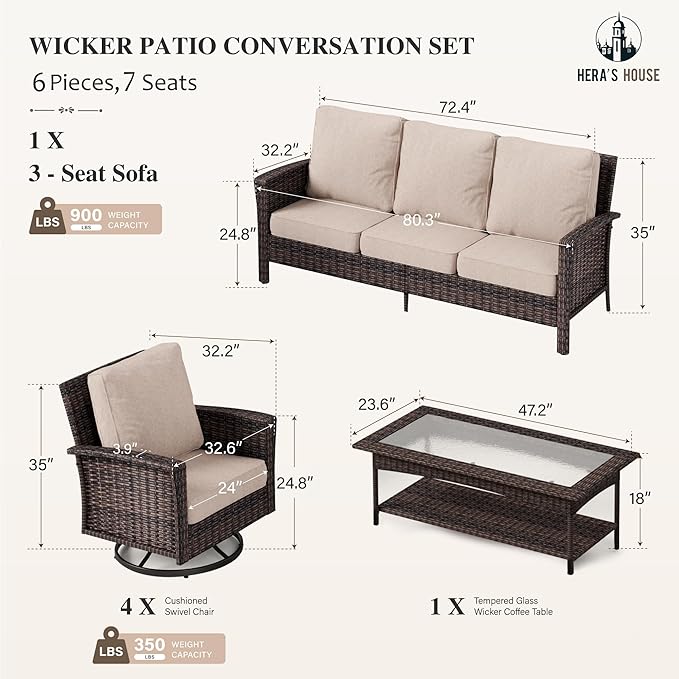 Luxury Patio Furniture Set with 5.5" Thick Cushion, Outdoor Wicker Conversation Set, 4 x High Back Swivel Patio Chairs with Tempered Glass Table, Waterproof 3-Seat Sofa for Deck Lawn Deck Yard, Beige