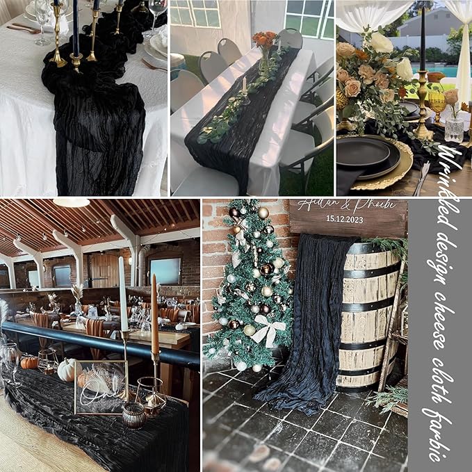 8 Pack 10Ft Black Cheesecloth Table Runner 35x120 Inches Boho Gauze Rustic Cheese Cloth Table Runners, Lightweight Sheer Soft Table Runner for Wedding Bridal Shower Holiday Party Table Decor