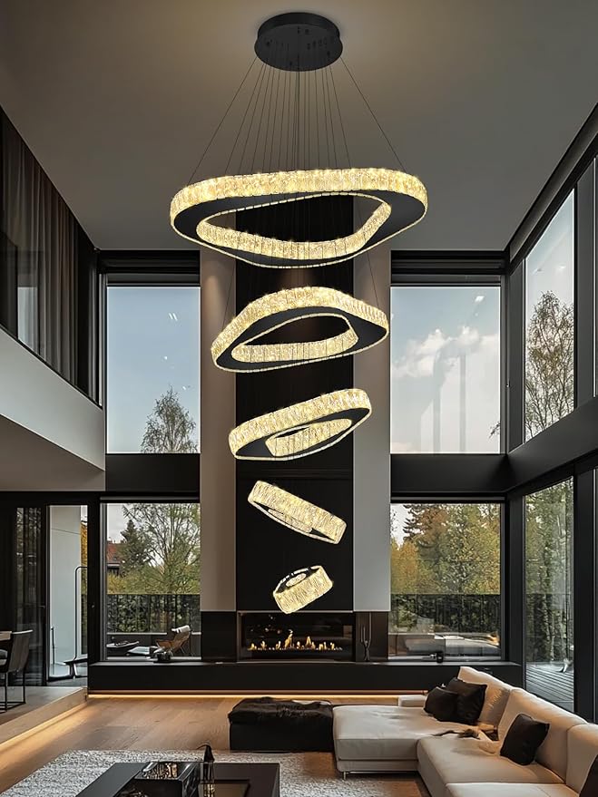 Large Modern Chandelier 5 Ring Chandeliers for High Ceiling Dimmable Black Chandelier High Ceiling Foyer Chandeliers for Living Room Dining Room Staircase
