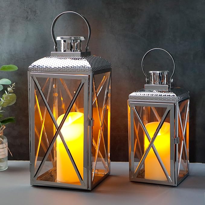 TRIROCKS Stainless Steel Lantern 18'' & 14" H Set of 2-Square Elegance Metal Candle Lanterns Candle Holder with Tempered Glass for Home Garden Indoor Outdoor Decor Celebratory