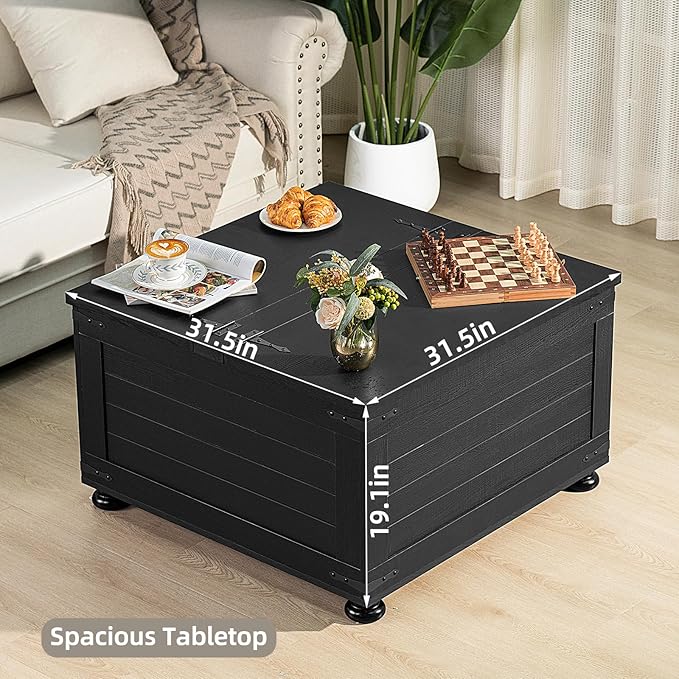 Farmhouse Coffee Table with Hidden Storage,Wood Square Center Table for Living Room, Large Rustic Cocktail Tables with Flip-Top Lids, Farm House Tables with Wooden Gourd Feet,Natural Black