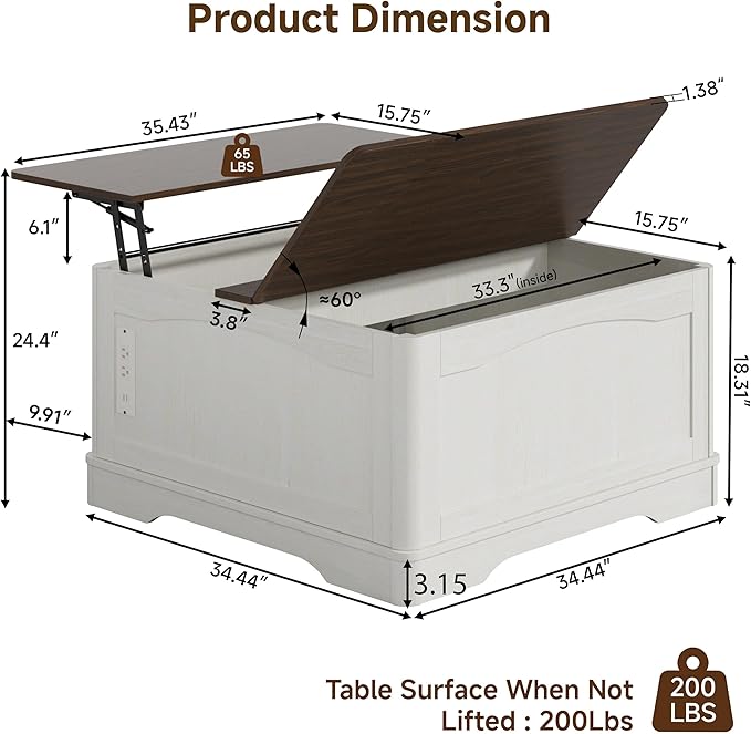 35" Farmhouse Lift Top Coffee Table, Wood Square Center Table with Charging Station, Rounded Edge Table with Hidden Storage, for Living Room, Bedroom, Office, AC, USB Output, White Walnut
