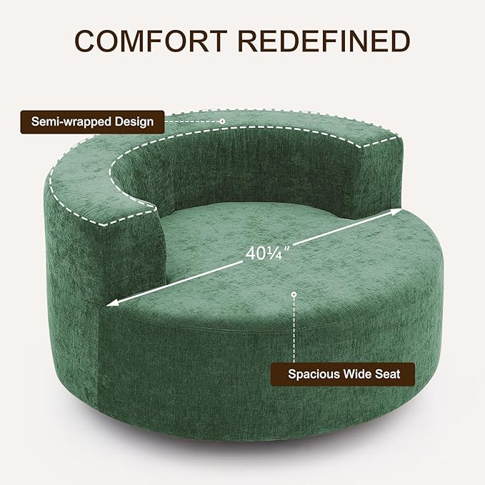 Furnimart Oversized Barrel Accent Chair, 360° Swivel Round Upholstered Sofa, Chenille High-Resilience Sponge, No Assembly Wide Seat for Living Room, Bedroom, Apartment (Green)